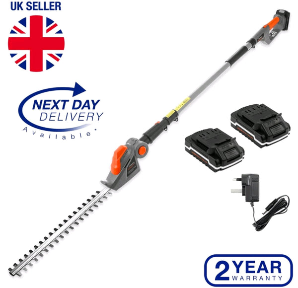 CORDLESS HEDGE TRIMMER LONG REACH POLE CUTTER TELESCOPIC 2 BATTERIES INCLUDED