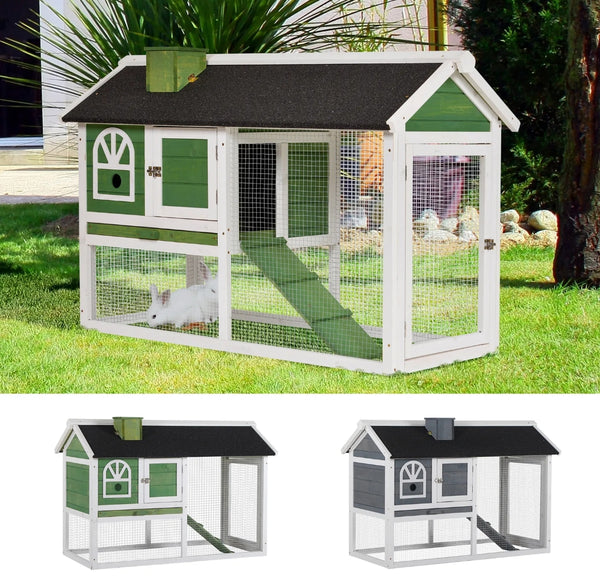 Rabbit Hutch Wood Bunny Cage for Outdoor Indoor w/ Pull Out Tray Run Box Ramp