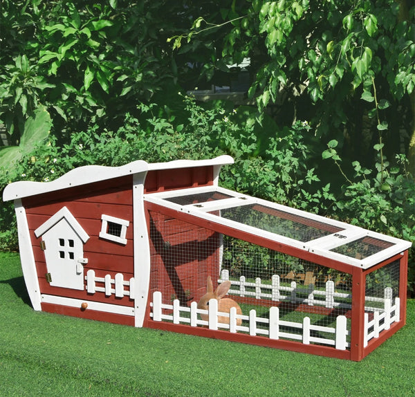 Rabbit Hutch Bunny Cage Wood Small Animal House w/ Ramp and Outdoor Run