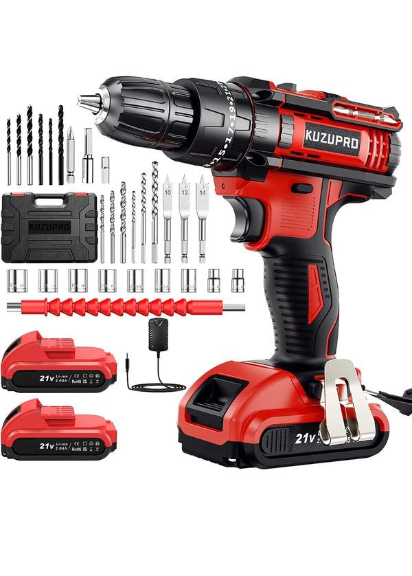 Cordless Drill Driver 21V, Cordless Hammer Drill with 2 Batteries 2.0Ah