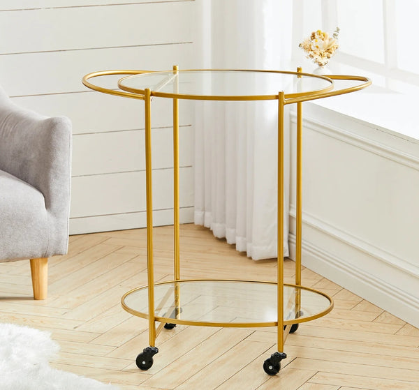 2 Tiers Glass Drinks Trolley Food Serving Cart Flat Oval Shelf Table with Handle