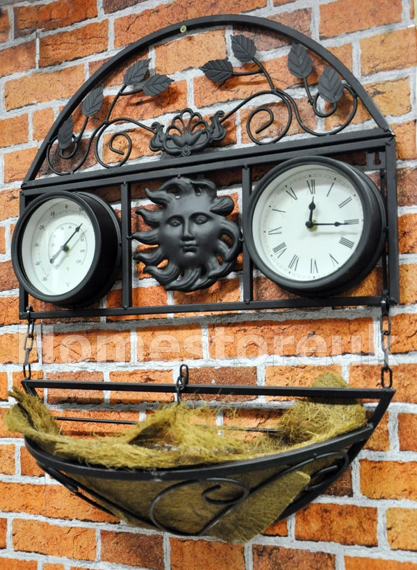 GARDEN METAL HANGING PLANT BASKET WALL MOUNTED CLOCK & THERMOMETER OUTDOOR GCTC