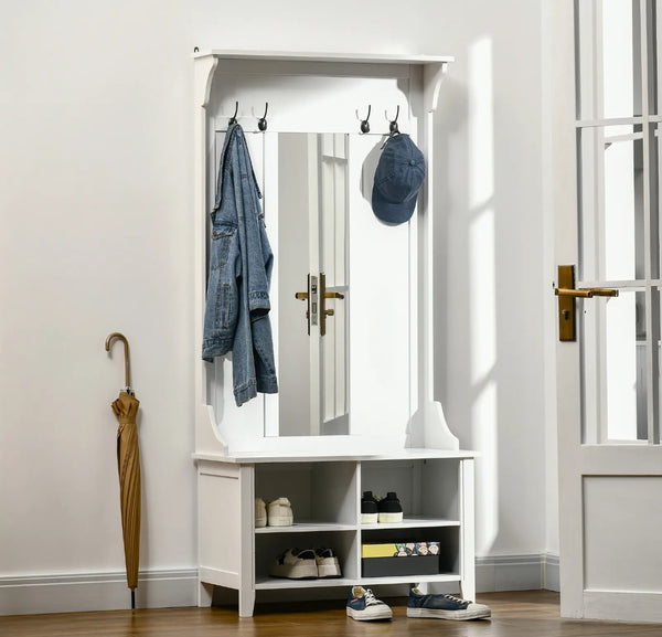 Hallway Furniture Set Shoe Bench Storage Mirror Cabinet Coat Rack w/ 4 Hooks