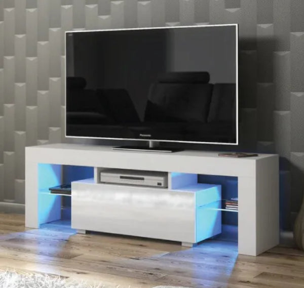 TV Unit 130cm Modern Cabinet White High Gloss Doors With Free LED