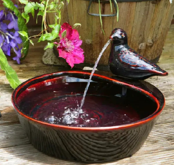 Bird Bowl Water Feature Fountain Waterfall Solar Power Red Glazed Ceramic Garden