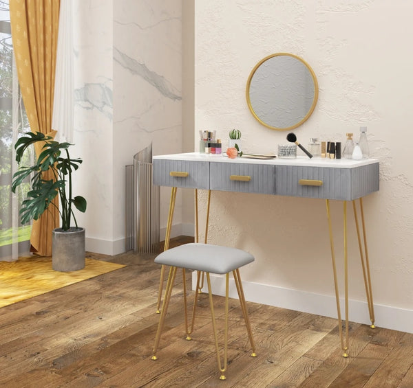 Dressing Table with Round Mirror 3 Drawers Stool Makeup Vanity Set Desk Bedroom