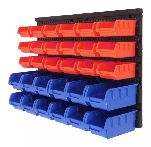 30 Hole Plastic Bins Wall Mount Storage Garage Tools Small Parts Organizer Rack