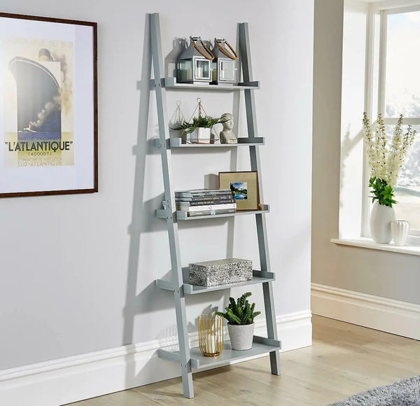 Grey Ladder Shelving Unit 5 Tier Display Stand Book Shelf Wall Rack Storage