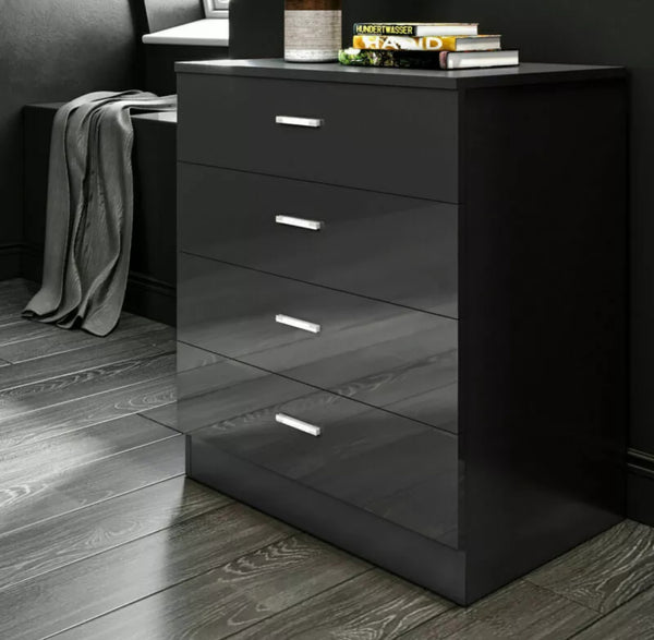 Chest of 4 Drawers Black High Gloss Home Bedroom Furniture Set Storage Cabinet - Goxom