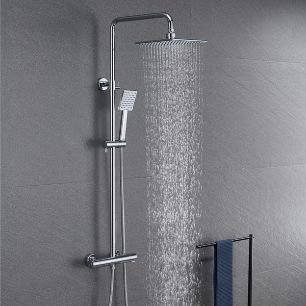 Thermostatic Mixer Shower Set Square Chrome Twin Head Exposed Valve